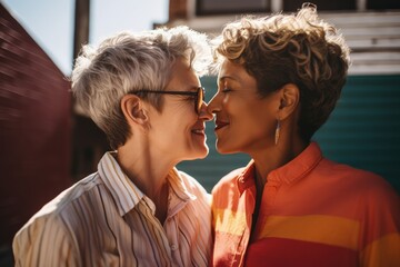 Senior gay lesbian couple kissing during summer vacation. Made with generative AI - obrazy, fototapety, plakaty
