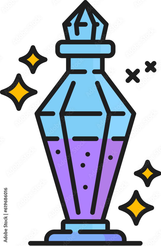 Poster magic potion witchcraft and magic icon. enchanting glass vial isolated vector linear sign, symbolizi