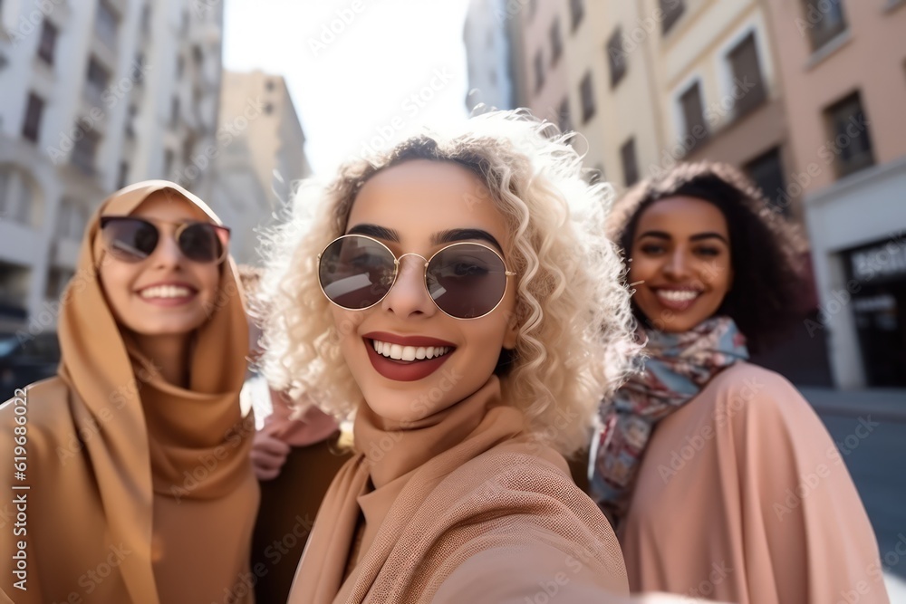 Wall mural selfie of smiling muslim womens, city background. for social media, influencer content creation or f