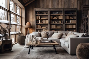 Obraz na płótnie Canvas Interior design of modern living room with rustic furniture in farmhouse