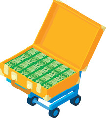 Trade business icon isometric vector. Open money suitcase on blue shopping cart. Business, finance, money