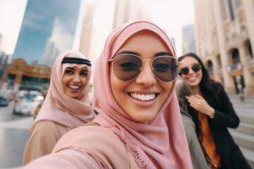 Selfie of smiling muslim womens, city background. for social media, influencer content creation or fashion blog. Young gen z people in Saudi Arabia for profile picture. Made with Generative AI
