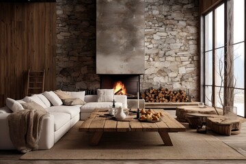 Interior design of modern living room with rustic furniture in farmhouse