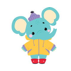 Cute Elephant in Rainy Day Walking in Raincoat and Rubber Boots Vector Illustration