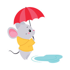 Cute Mouse in Rainy Day Walking in Raincoat with Umbrella Vector Illustration