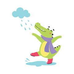 Cute Crocodile in Rainy Day Walking in Scarf and Rubber Boots Vector Illustration
