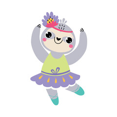 Funny Sloth Animal Ballet Dancing in Skirt and Pointe Shoes Vector Illustration
