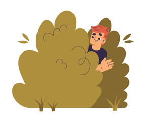 Little Boy Playing Hide and Seek Game Sitting Behind Bush Vector Illustration
