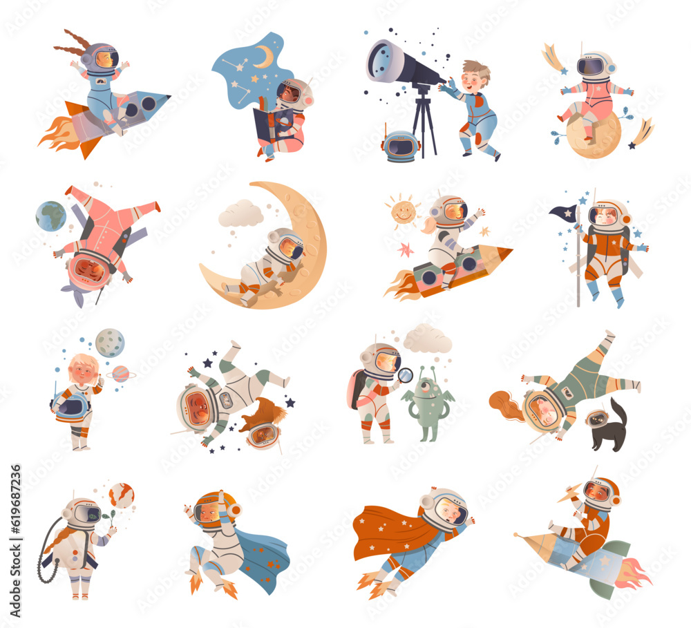 Poster children astronauts in spacesuit exploring outer space vector set
