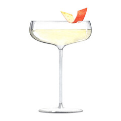 Alcoholic drink with orange peel. A classic Old Fashion cocktail in a stemmed glass. Watercolor illustration on a white background.