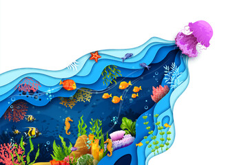 Fototapeta na wymiar Cartoon underwater sea landscape paper cut. Jelly fish, fish shoal and seaweeds whimsical and imaginative vibrant scene with intricate papercut art. 3d vector frame with undersea world and marine life