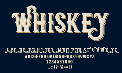 Fototapeta Vintage whiskey font, absinthe type, alcohol label typeface, gin and beer alphabet. Vector typography ornate uppercase letters, numbers and punctuation marks with shadow, amber whisky label font set obraz