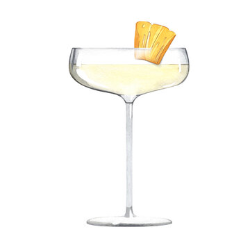 French Pineapple Cocktail With Pineapple Wedge. Champagne With Fruits. Alcoholic Drink In A Stemmed Glass. Watercolor Illustration On A White Background.