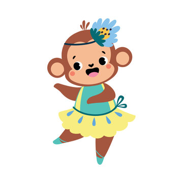 Funny Monkey Ballet Dancing in Skirt and Pointe Shoes Vector Illustration