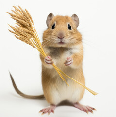 Cute little gerbil holding a sprig of oats on a white background