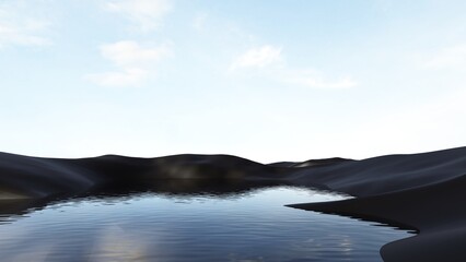 3d render of surreal landscape with  podium in the water and green grass. Podium, display on the background of abstract glass, mirror shapes and objects. Fantasy world, futuristic fantasy image.