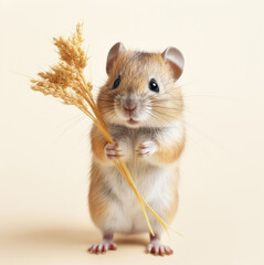 Cute little gerbil holding a sprig of oats on a white background