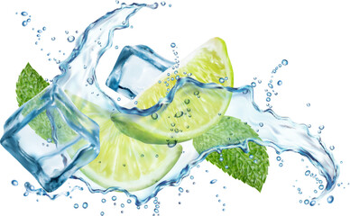 Mojito drink wave splash with lime, ice cubes, water swirl and mint leaves. 3d vector liquid beverage with citrus fruit slices, water drops or frozen icy blocks. Realistic flow of refreshment cocktail - obrazy, fototapety, plakaty