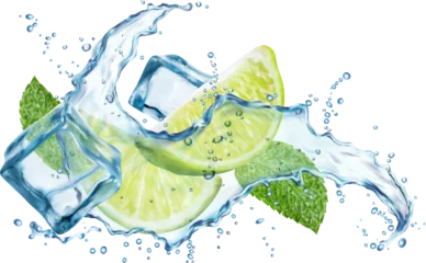 Fotobehang Mojito drink wave splash with lime, ice cubes, water swirl and mint leaves. 3d vector liquid beverage with citrus fruit slices, water drops or frozen icy blocks. Realistic flow of refreshment cocktail © Vector Tradition