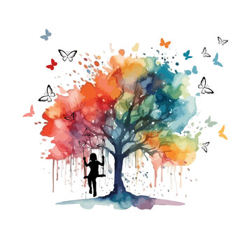 The girl swings on a swing on a rainbow tree. Dreams. Happy childhood. Joy and serenity. Vector illustration