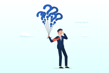 Doubtful businessman holding question marks balloon look for solutions, question marks, finding solution or search for answer, solving problem or curiosity, questionnaire, FAQ or uncertainty (Vector)