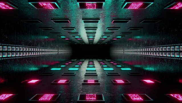 Light Cubes and Panels on the floor and roof, glowing and pulsating in yellow, magenta & cyan colors, Seamless VJ Loop