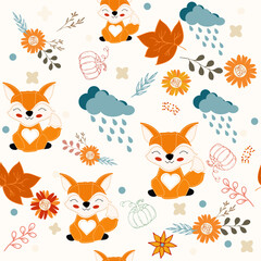 Bright seamless autumn pattern with autumn elements fox, pumpkin, flowers and decor. For printing on fabric, wrapping material, paper, for background and more
