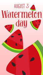 Watermelon Day, August 3. Background with congratulations for the American holiday. Cartoon large and small watermelon slices on a pink gradient. Vector illustration for poster, banner, postcard