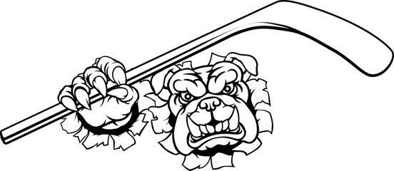 A bulldog ice hockey player animal sports mascot holding a hockey stick