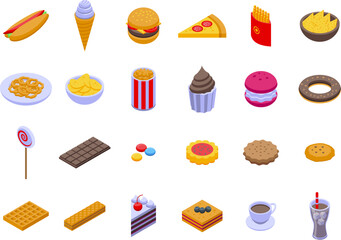 Food junk icons set isometric vector. Fast snack. Burger popcorn