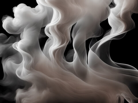 Photograph of a singular flowing white light gray smoke stream in black background