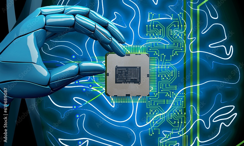 Poster futuristic concept: modern robot arm and processor, ai generated image