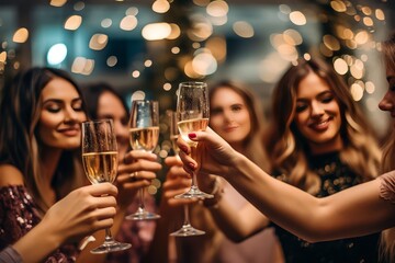Happy woman drinking champagne at party - obrazy, fototapety, plakaty
