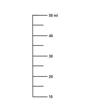 Measuring scale with 50 ml liquid volume for cups to preparing cooking or chemistry flasks isolated on white background. Vector graphic illustration.