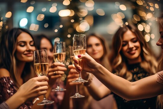 Happy woman drinking champagne at party