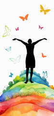 Obraz na płótnie Canvas abstract silhouette of a happy girl with raised hands. Man rejoices in flying. Happy world sun and butterflies. Vector illustration