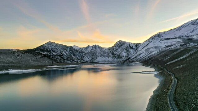 Scenic Mountain Drive Through June Lake Loop In California. wide aerial hyperlapse