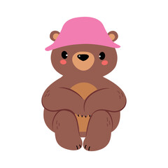 Cute Bear Character with Rounded Ears in Pink Hat Sitting Vector Illustration