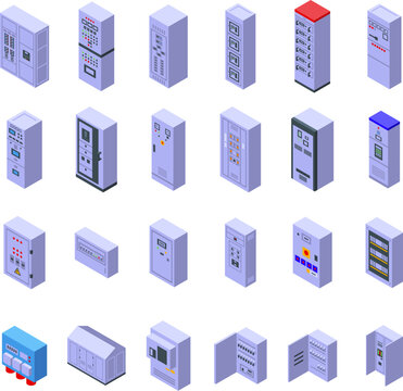 Electric switchboard icons set isometric vector. Work engineer. House control