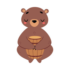 Cute Bear Character with Rounded Ears Sitting with Wooden Barrel Vector Illustration