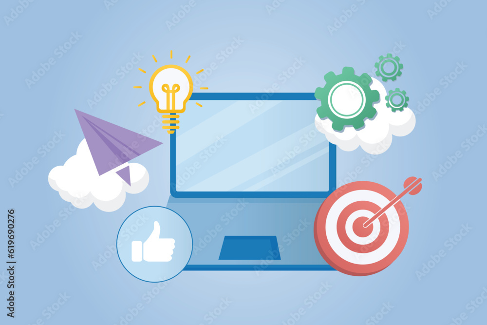 Poster laptop. screen device mockup blank monitor. creative concept idea. realistic design icons. configure