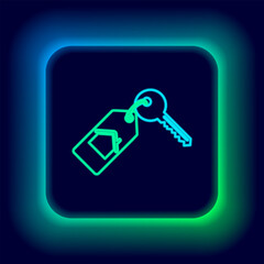 Glowing neon line House with key icon isolated on black background. The concept of the house turnkey. Colorful outline concept. Vector
