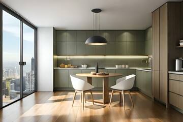 modern kitchen with wooden dining table, chair, cabinet, cupboard in sunlight from window 