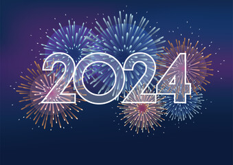 The Year 2024 Logo And Fireworks On A Dark Background. Vector illustration Celebrating The New Year.