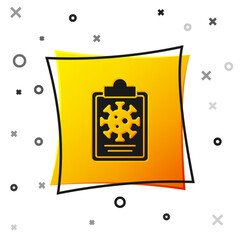 Black Medical clipboard with blood test results icon isolated on white background. Clinical record, medical check marks report. Yellow square button. Vector.