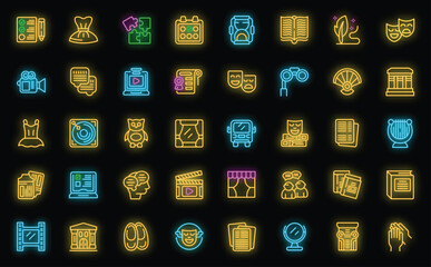 Theater class icons set outline vector. Drama actor. Musical play neon color on black