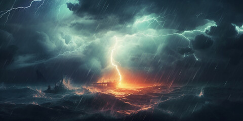 Bright lightning in a raging sea. A strong storm in the ocean. Big waves. Night thunderstorm. Dark tones. The power of raging nature. Raster illustration