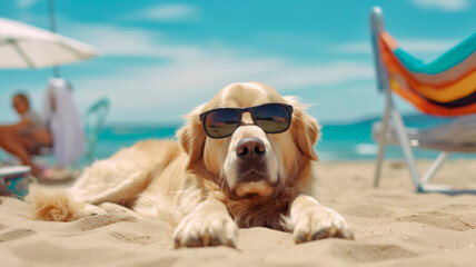 Fototapeta na wymiar Golden Retriever dog is on summer vacation at seaside resort and relaxing rest on summer beach of Hawaii. Generative AI