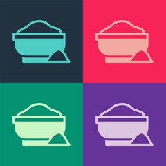 Pop art Flour bowl icon isolated on color background. Baking Ingredients. Healthy organic food. Kitchen utensils cup. Dough cooking. Vector