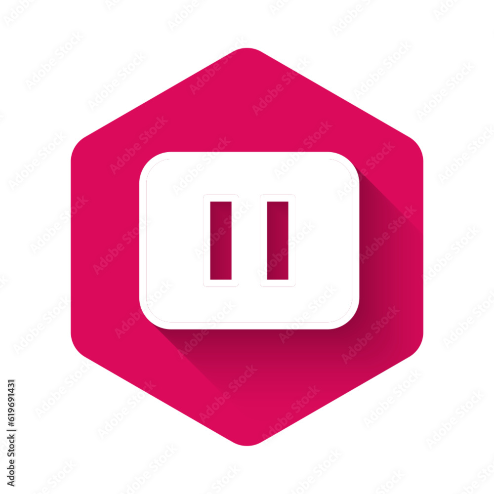 Poster white pause button icon isolated with long shadow background. pink hexagon button. vector